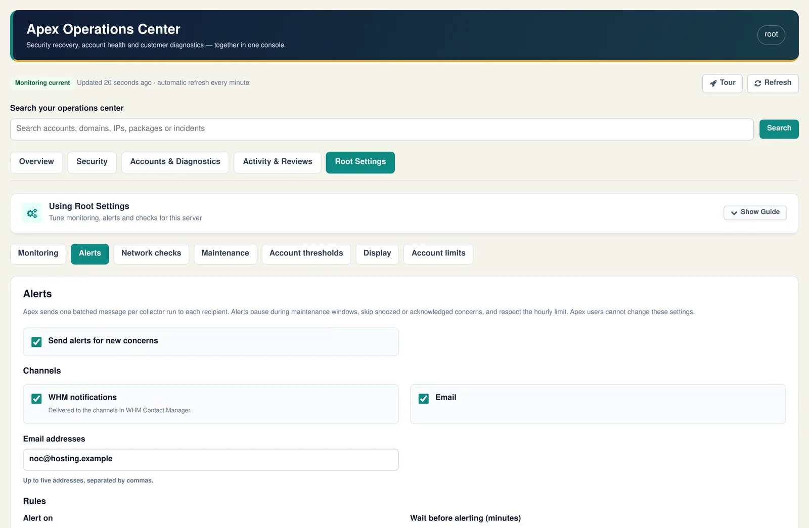 Alerts settings with WHM notifications, email recipients and weekly digest, sample data