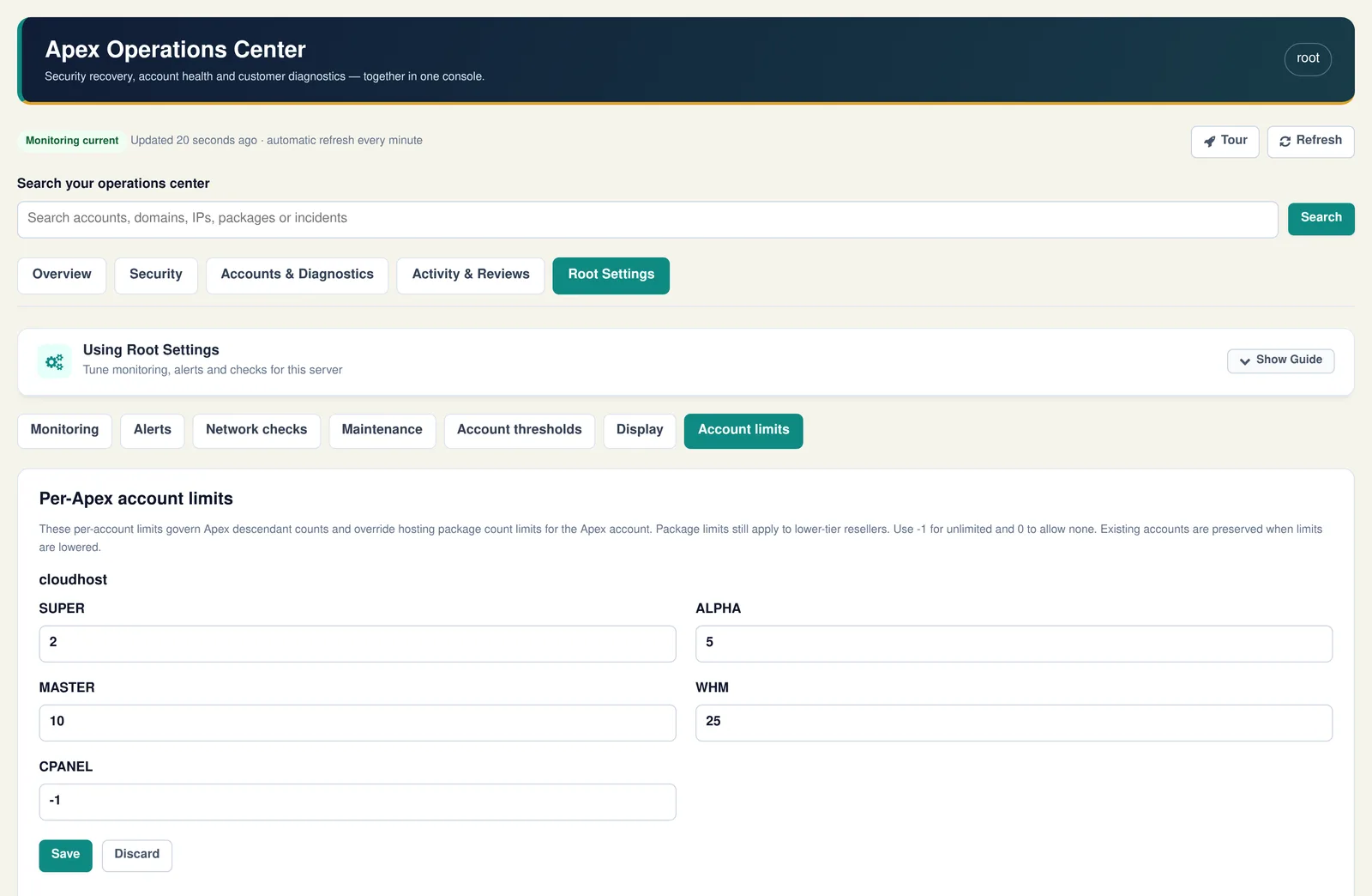 Per-Apex account limits for each lower tier, sample data