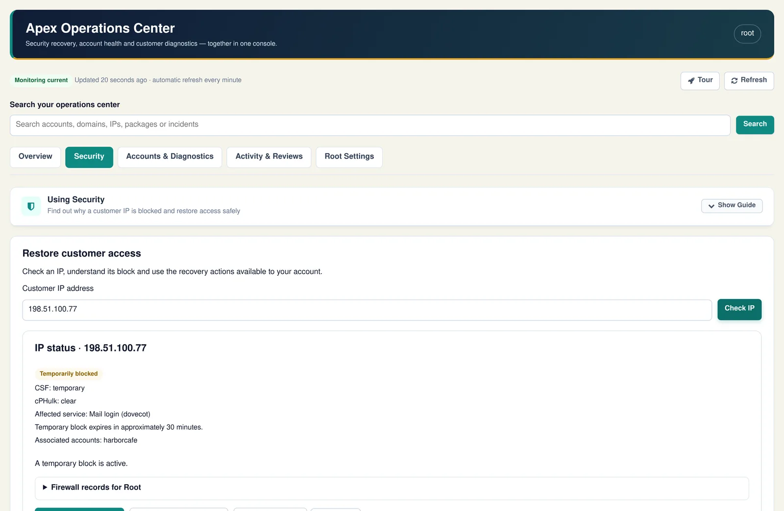 Lockout lookup showing a temporary CSF block and recovery actions, sample data